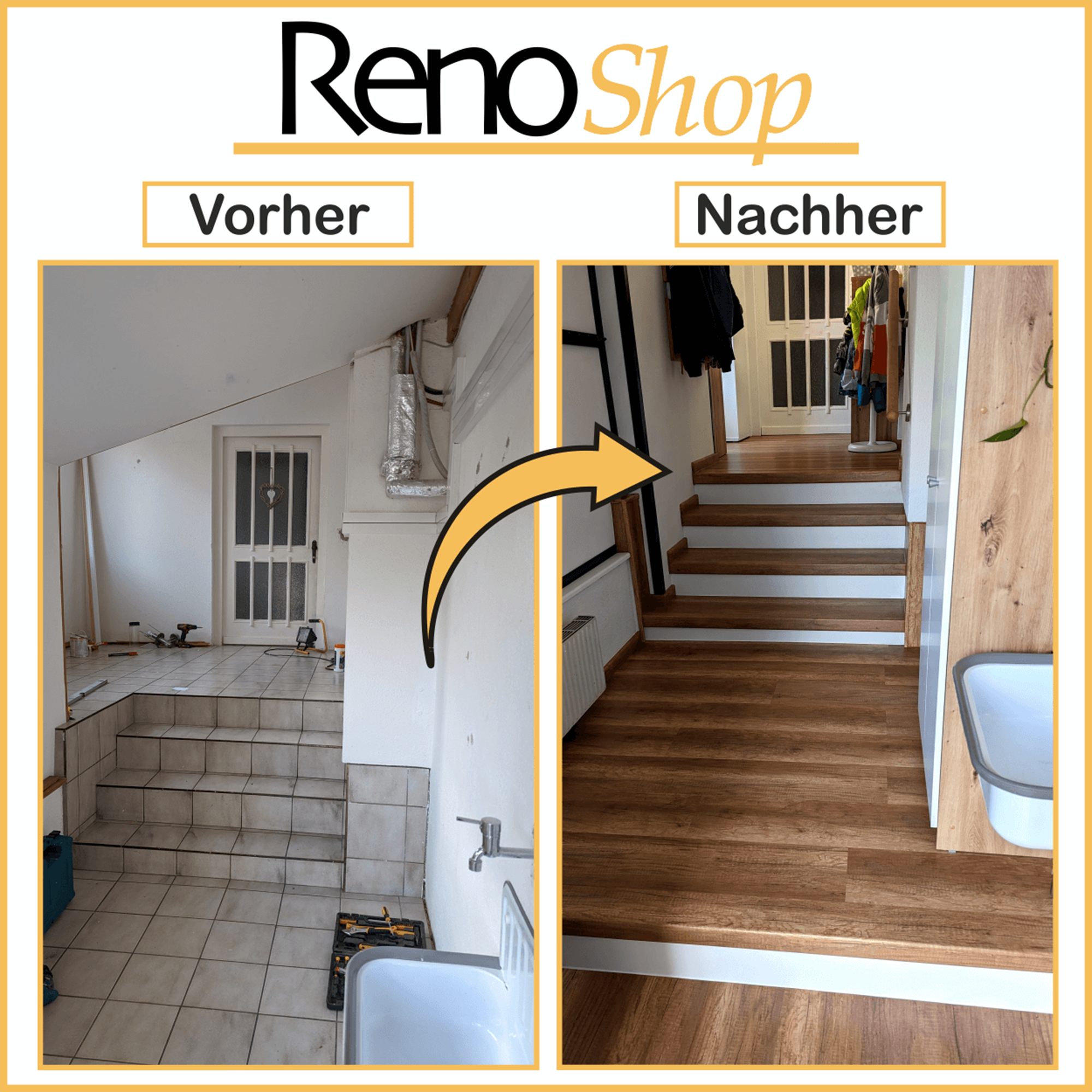 Vorher- Nachher Bilder einer Treppenrenovierung mit Laminatstufen: